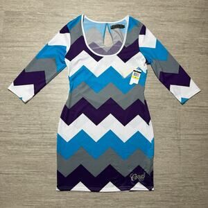 COOGI Women's Dress NWT Medium Y2K Rhinestone 3/4 Sleeve Scoop Neck Midi